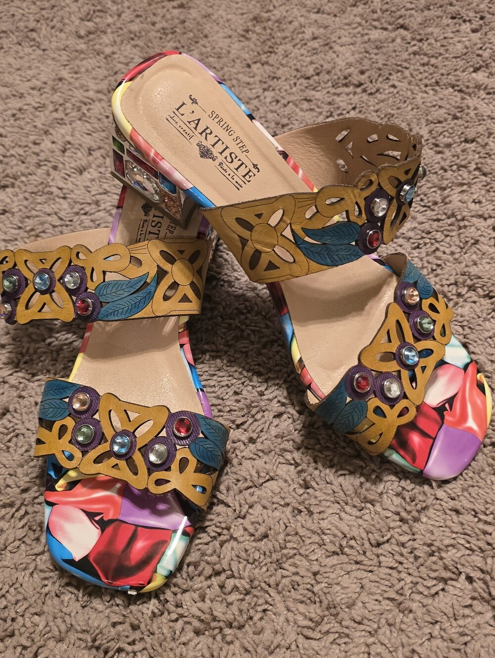 L'Artiste Spring Step "Dreamy" Jeweled Block Heel Sandals Multi Size 40/US 9.5